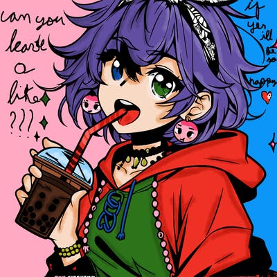 hot baddie anime girl drinking boba and biting the straw