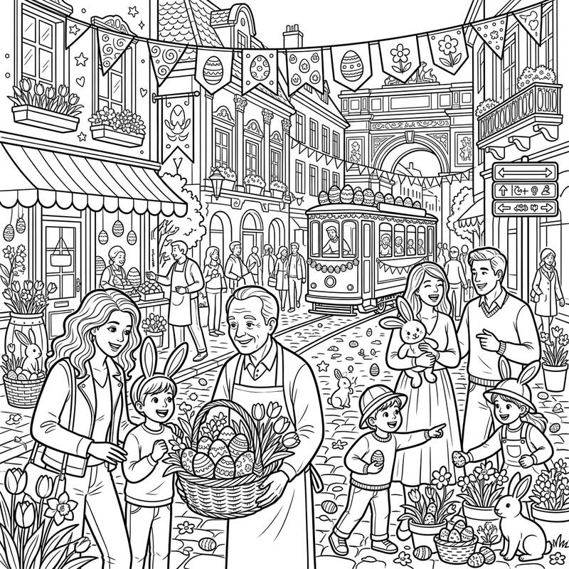 Step into a charming Easter street scene, brimming with festive cheer and candid moments. This intricate coloring page invites you to bring a bustling celebration to life with your favorite colors.