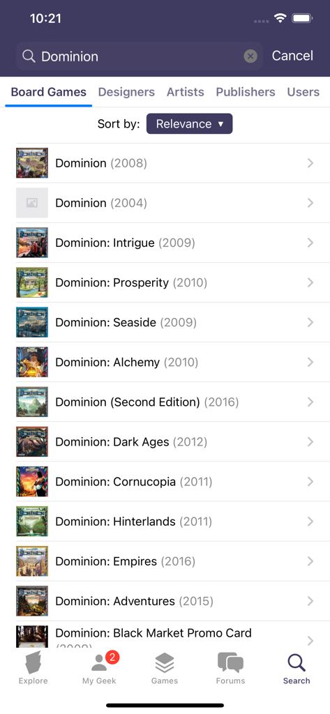 BoardGameGeek - Risultati di ricerca per il gioco da tavolo Dominion nell'app BoardGameGeek