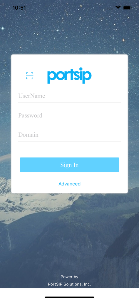 PortSIP UC - PortSIP UC mobile app login interface featuring fields for username password and domain