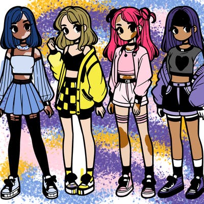 one girl with crop-top shirt and a jacket with a skirt, long socks and another girl with a shirt and pants with a jacket