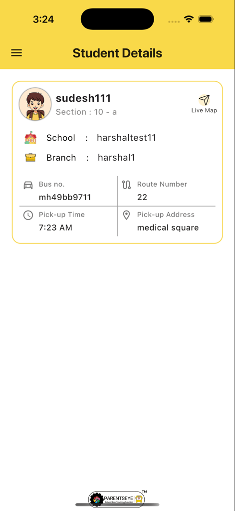 ParentsEye Parent - ParentsEye app student details screen showing school bus route and pickup time