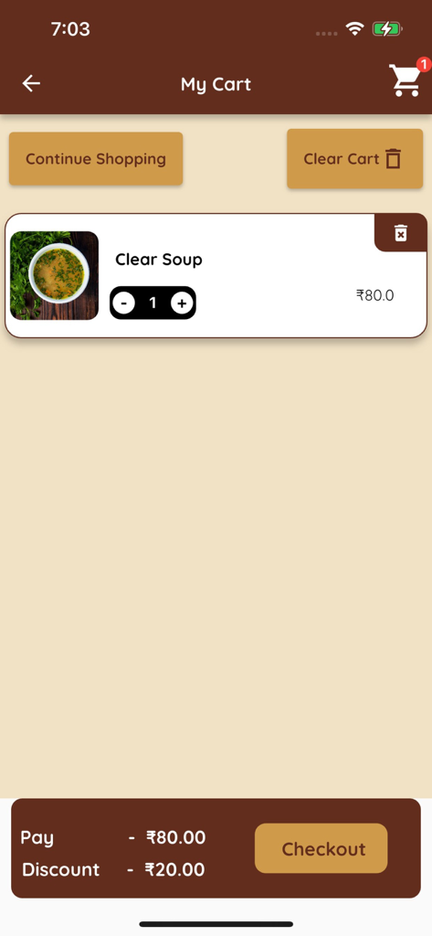 Coffee Connect Resto - cafe - Pantalla del carrito de compras de la app Coffee Connect Resto mostrando un artículo con precio y botón de pago.