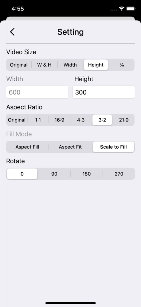 Settings screen of the Batch Videos Edit app showing options for video size aspect ratio fill mode and rotation