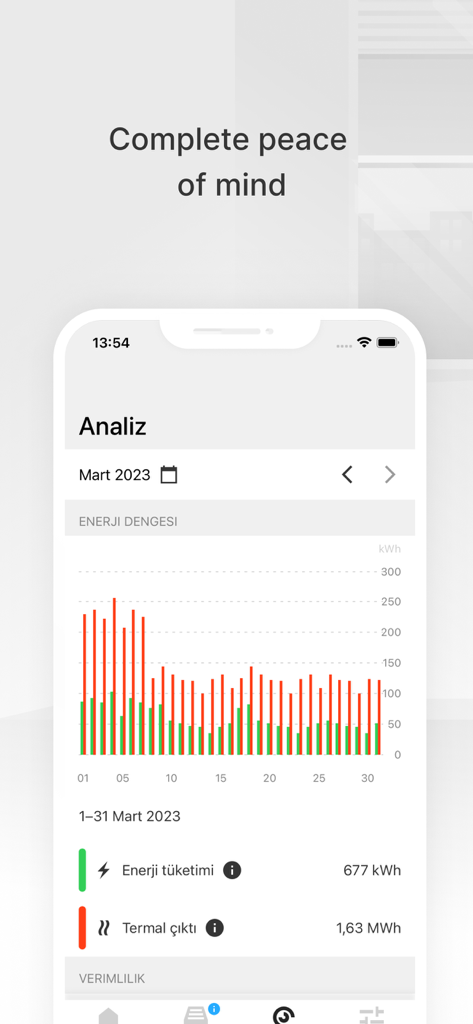 ViCare - ViCare app screen showing a monthly energy consumption bar chart for a heating system
