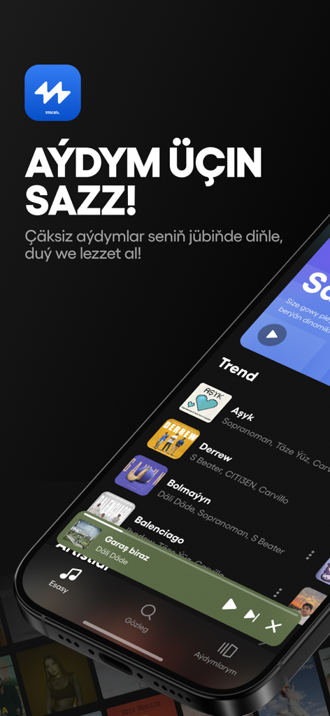 Interfaz de la aplicación de música Sazz que muestra canciones en tendencia y controles de reproducción en un teléfono inteligente