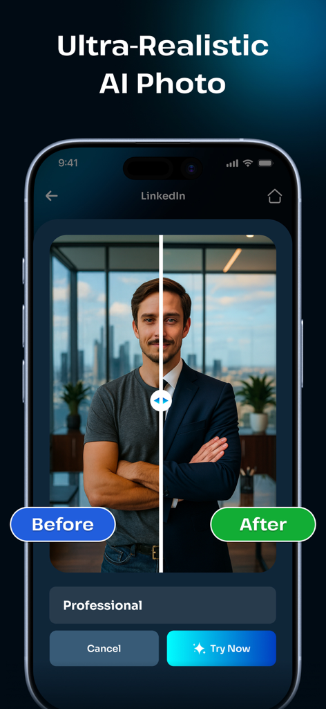 カジュアルな写真がプロフェッショナルなAIヘッドショットに変換された、変更前と変更後の比較。