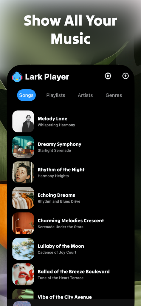 Lark Player app showing a list of songs with album art and navigation tabs for playlists, artists, and genres.