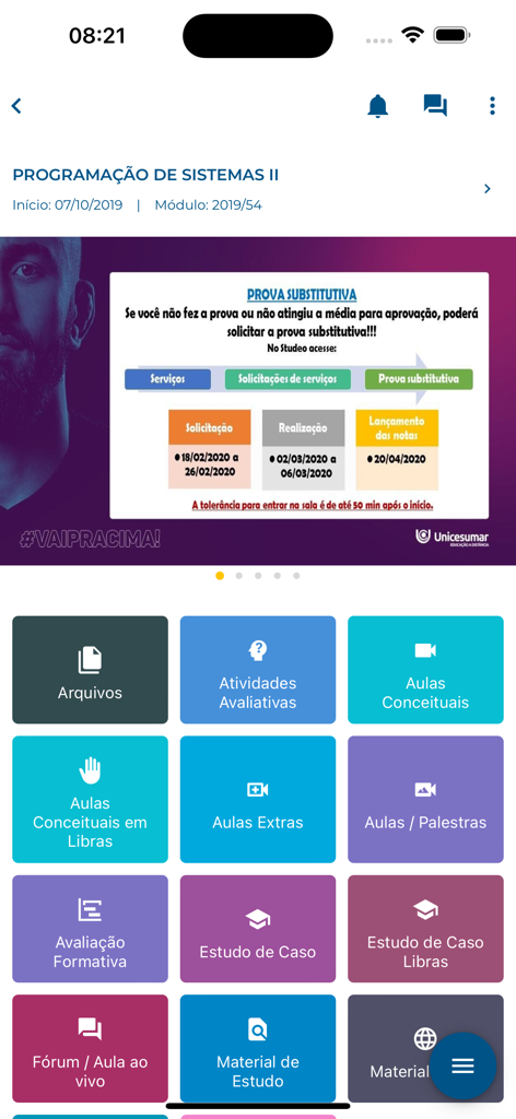 Le tableau de bord étudiant de l'application Unicesumar Studeo affichant des icônes pour les cours, les supports d'étude et les activités académiques.