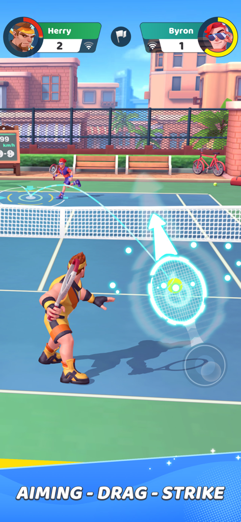 Extreme Tennis - A tennis player using the aiming drag and strike mechanic during a 1v1 online match in Extreme Tennis