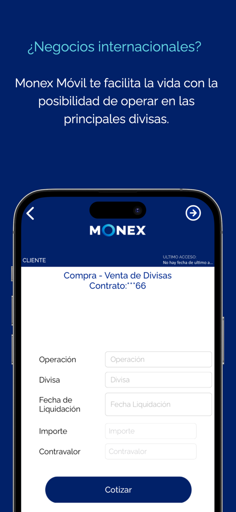 Monex Móvil - Interfaz de la aplicación Monex Movil para comprar y vender divisas internacionales