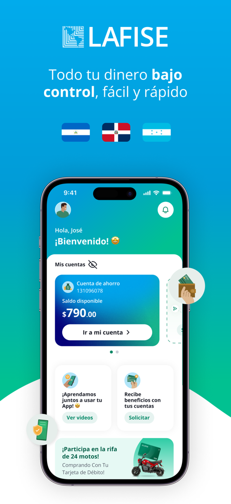 LAFISE Digital - LAFISE Digital mobile banking app dashboard showing account balance and welcome message