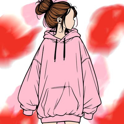 realistic girl with a oversized sweatshirt on and a bun