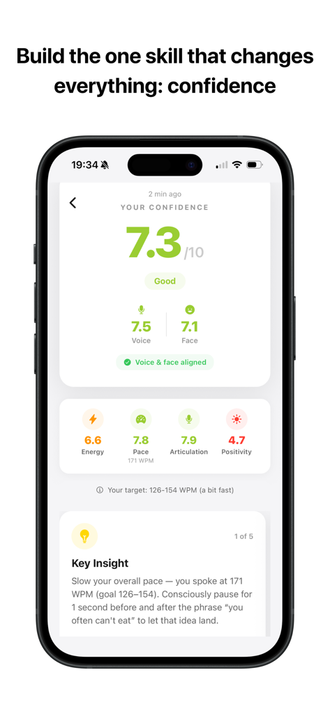 A mobile screen from the Confidently app showing a confidence score of 7.3 and detailed speech analysis metrics