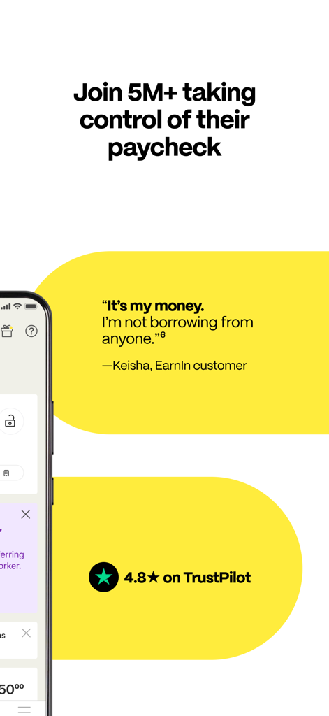 EarnIn: Beyond Cash Advance - EarnIn app marketing screen featuring a customer testimonial and 4.8 star TrustPilot rating