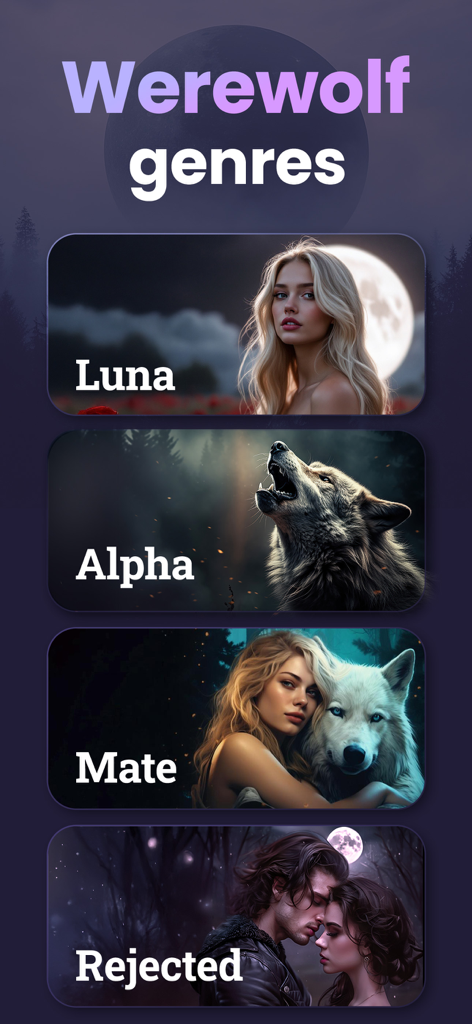 Interface of the Moonlit app displaying various werewolf romance story categories including Luna, Alpha, Mate and Rejected.