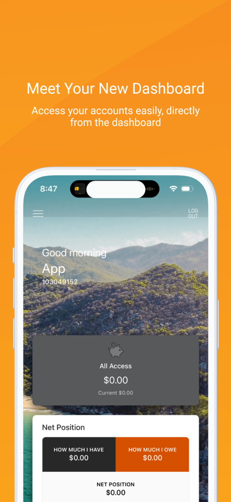 Queensland Country Banking - Dashboard of the Queensland Country Banking mobile app showing account balances and net position summary