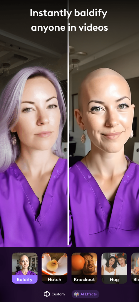 Split screen showing a before and after comparison of a woman using the Baldify AI video effect