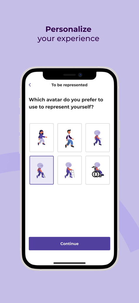 BeCare MS: Multiple Sclerosis - BeCare MS app personalization screen showing options to choose an avatar representing different mobility levels