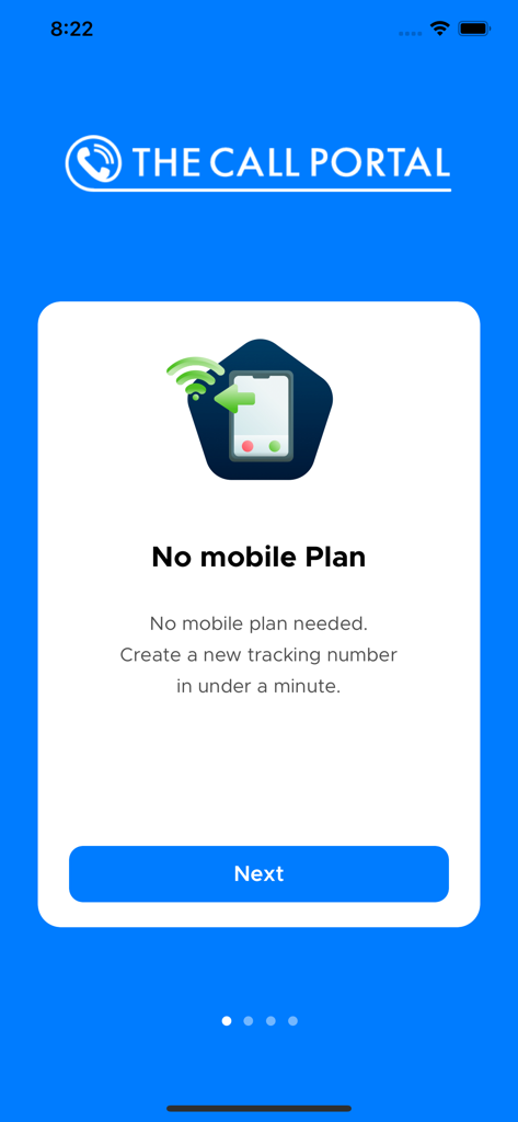 The Call Portal & Phone Number - 모바일 요금제 없이 추적 번호를 만드는 방법을 보여주는 통화 포털 앱 온보딩 화면.