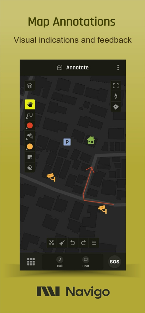 Interface de mapa no aplicativo Navigo Assistant mostrando ícones de segurança e anotações de rota de viagem.