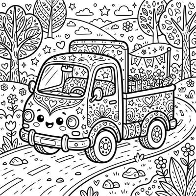 Dive into a world of cuteness and detail with this delightful Kawaii truck coloring page, specifically crafted for teens. Featuring a happy truck laden with gifts and surrounded by a playful landscape, it promises a truly engaging coloring experience.
