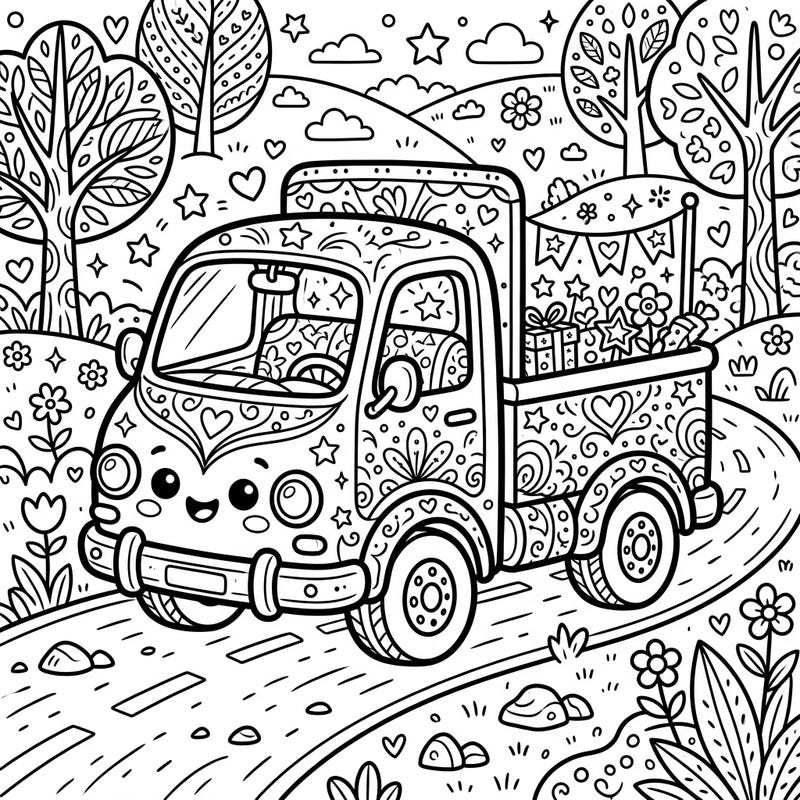 Dive into a world of cuteness and detail with this delightful Kawaii truck coloring page, specifically crafted for teens. Featuring a happy truck laden with gifts and surrounded by a playful landscape, it promises a truly engaging coloring experience.