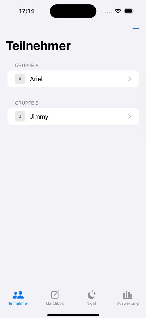 AYTO-Rechner - A screenshot of the AYTO-Rechner app participant list screen showing Group A and Group B entries.