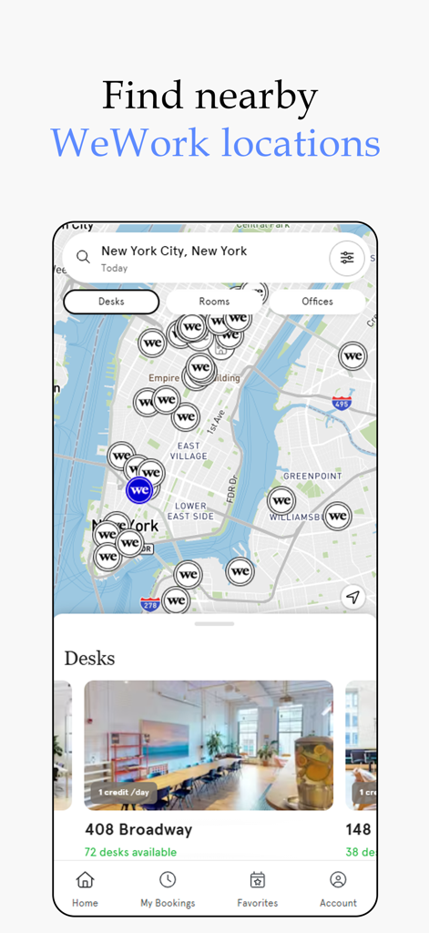 WeWork: Flexible Workspace - WeWork mobile app screen showing a map of coworking locations in New York City with desk booking details