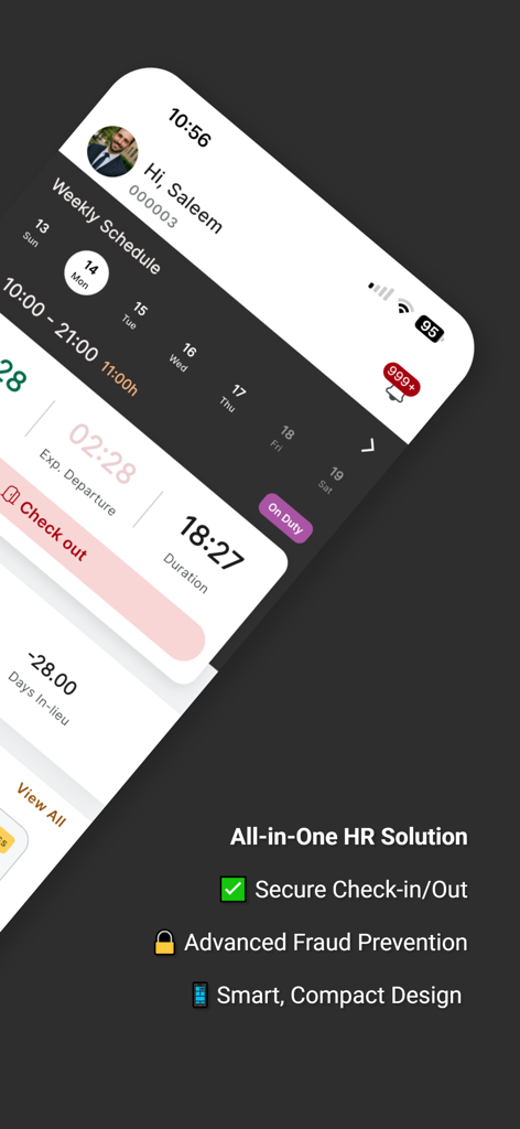 Sky Bayan HRMS - Sky Bayan HRMS app screen displaying employee attendance and weekly schedule