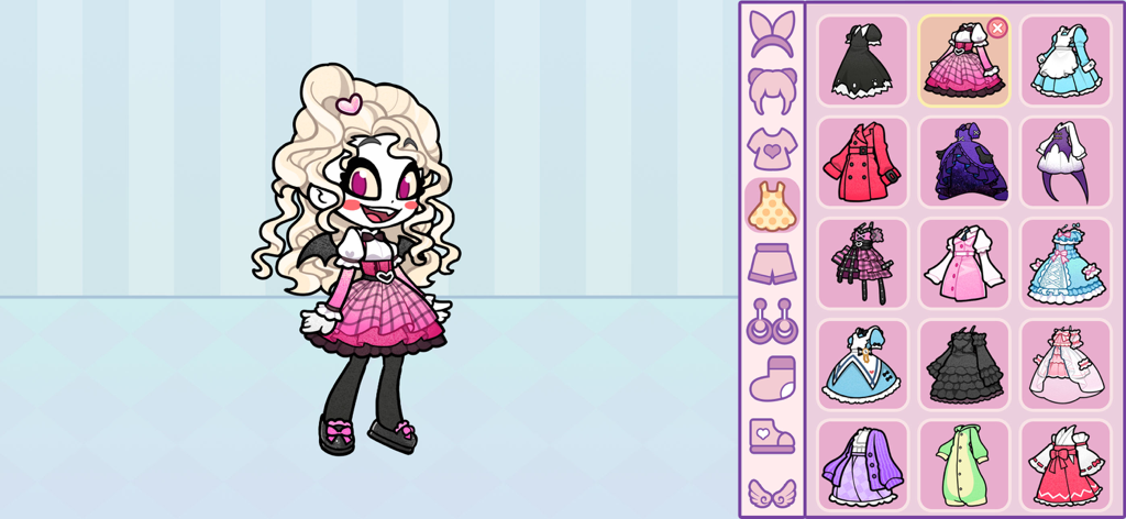 Angela World beauty salon - A chibi doll character being customized with various colorful dress options in the game menu
