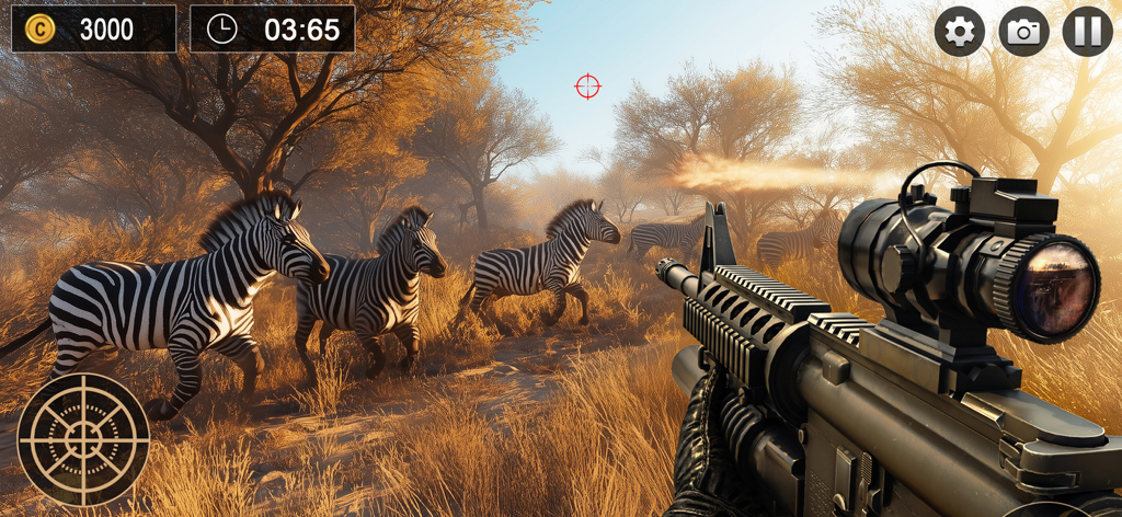 Wild Deer Hunt Games - First person view of a sniper rifle aiming at zebras in a safari hunting game