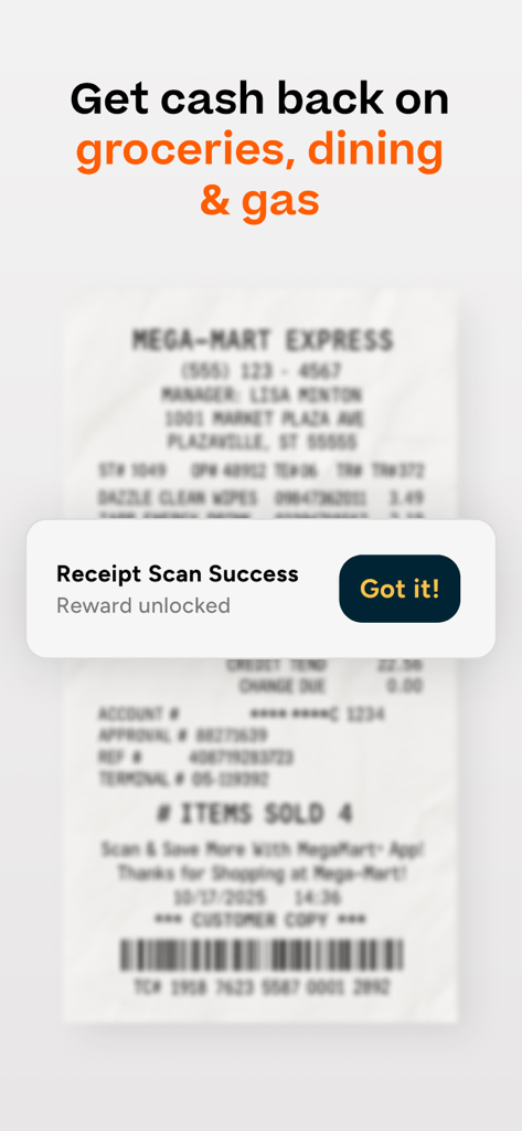 Benjamin - Earn Money Moments - Benjamin app notification showing successful receipt scan for grocery cash back rewards