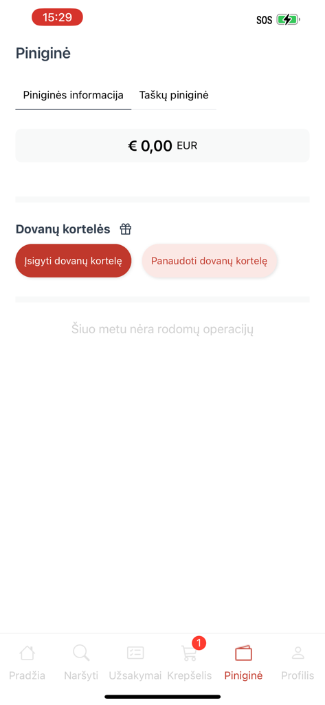 Interfaz de billetera digital de la aplicación NORI Delivery con saldo y tarjetas de regalo.