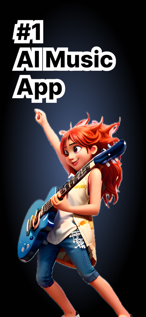 TuneLab AI: Song Generator - 3D animated girl playing blue electric guitar for TuneLab AI music app