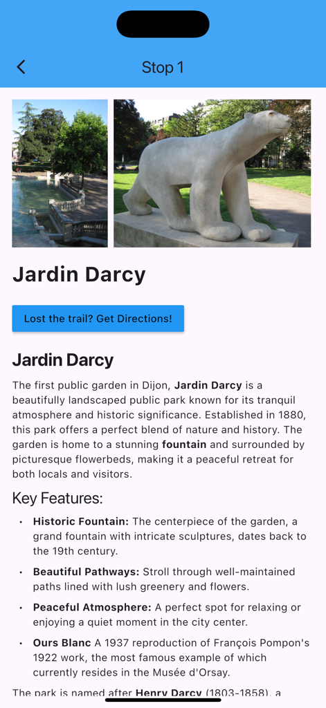 Dijon: The Owl's Trail - Mobile app interface showing information about Jardin Darcy with photos of the park and the white bear statue.