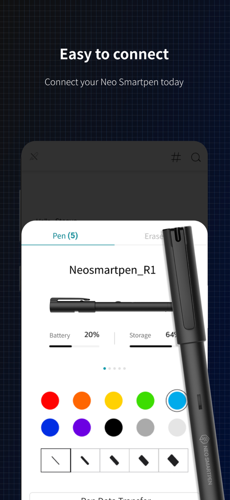 Neo Studio 2 - Neo Studio 2 app screen showing Neo Smartpen R1 connection status with battery level and color palette