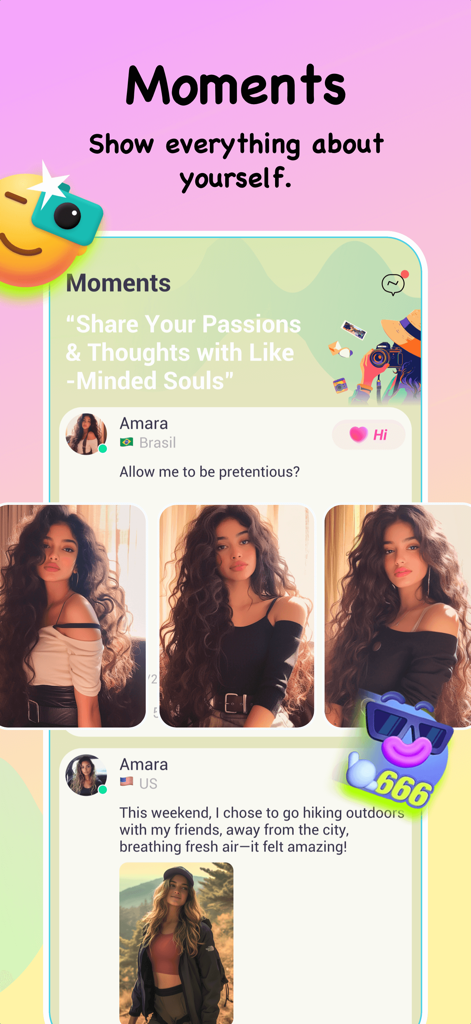 Moments-Funktion in der Lado-App mit einem Social Feed mit Nutzerprofilen und geteilten Fotos