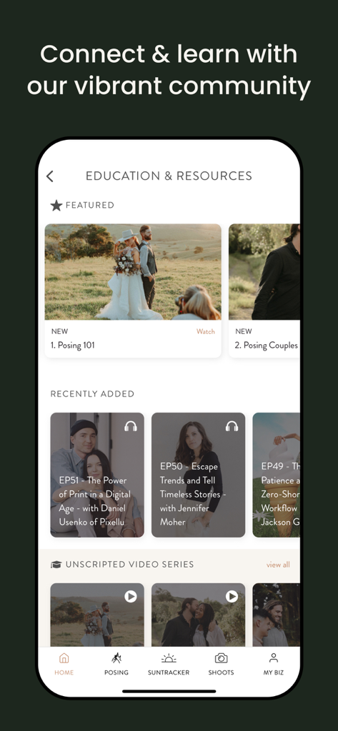UNSCRIPTED Photography Poses - Bildschirm mit Bildungs- und Lernressourcen für Fotografen in der Unscripted-App, der Posing-Anleitungen und Video-Tutorials zeigt