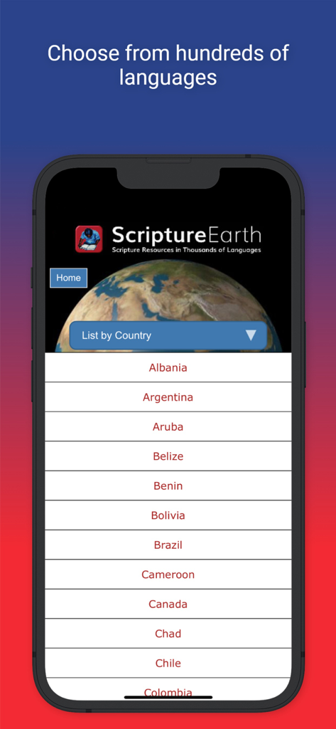 Scripture Earth - A mobile app screen showing a list of countries to browse scripture resources in multiple languages