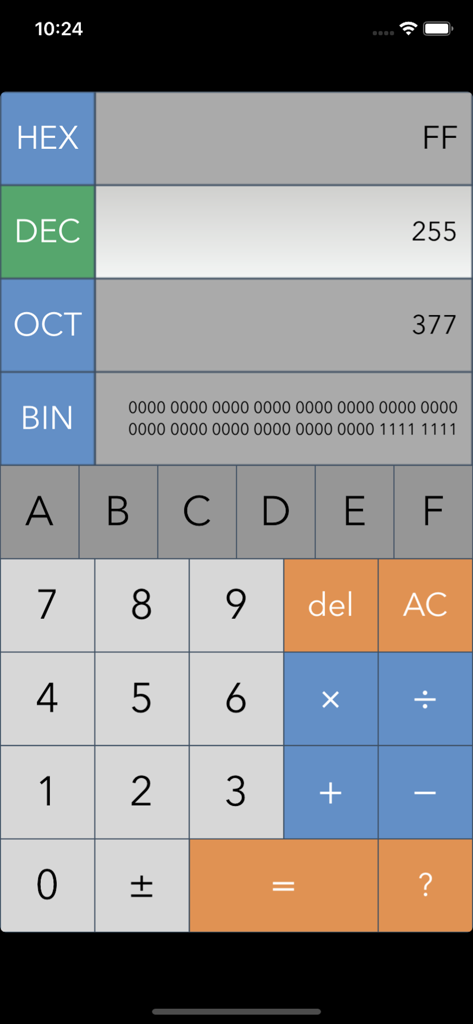 Dev Calc Pro (Hex Dec Oct Bin) - Interface of the Dev Calc Pro app displaying simultaneous conversions for Hexadecimal Decimal Octal and Binary values