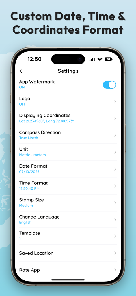 Settings screen showing date time and coordinate customization options