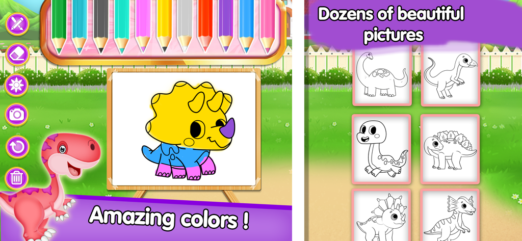 Dino Care Games - Daycare - かわいい恐竜と明るい色のかわいい恐竜の塗り絵インターフェース