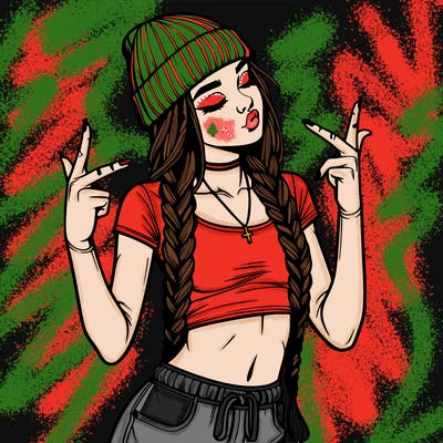 realistic teenage girl with braids and a beanie and crop top doing 🫶🏼