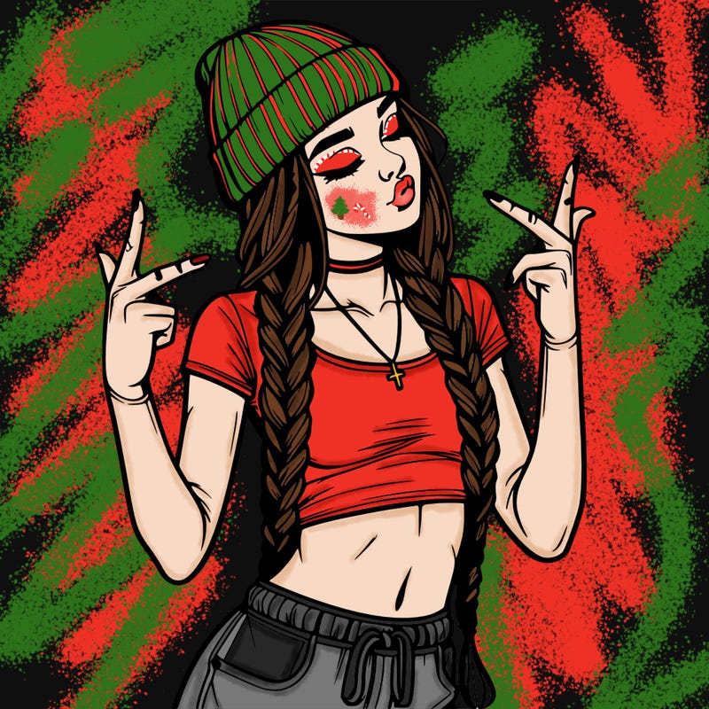 realistic teenage girl with braids and a beanie and crop top doing 🫶🏼