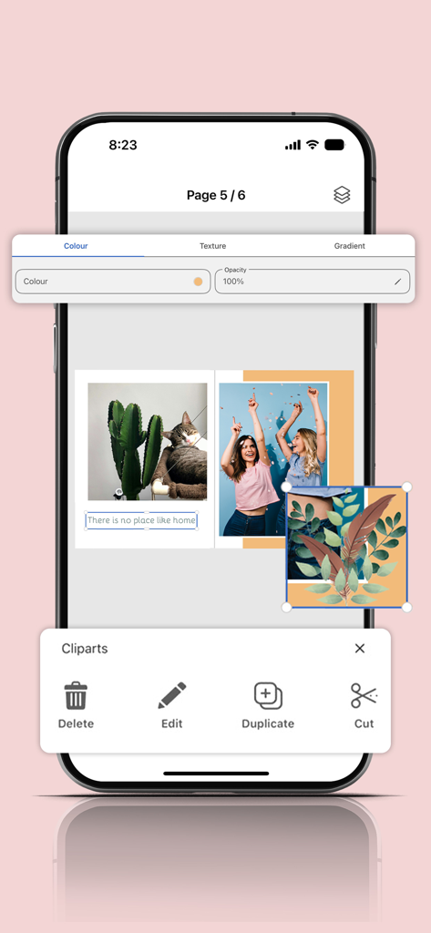 Saal Digital - Mobile interface of Saal Digital app for designing and customizing photo book pages