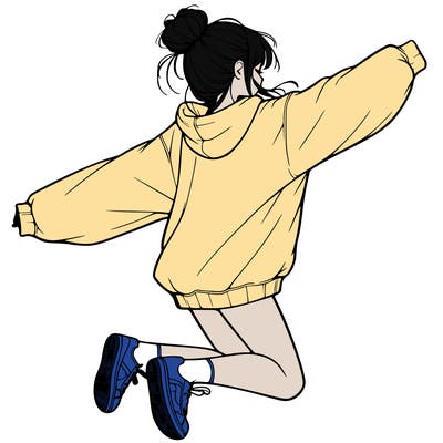 realistic girl jumping with a bun and oversized sweatshirt