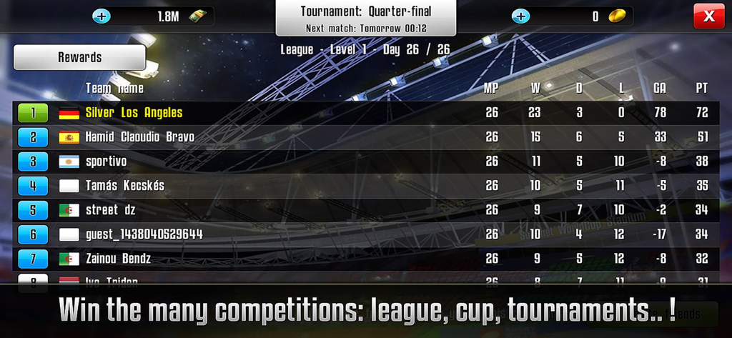 Rugby Manager : Be a manager - A league leaderboard in the Rugby Manager app showing team rankings, match stats, and points.