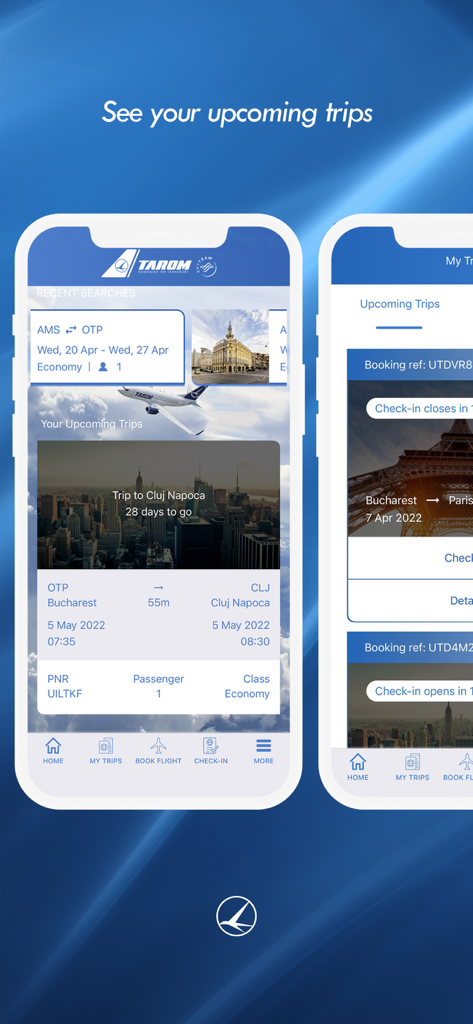 Interfaccia dell'app mobile TAROM che mostra un elenco di voli imminenti e i dettagli della prenotazione per un passeggero