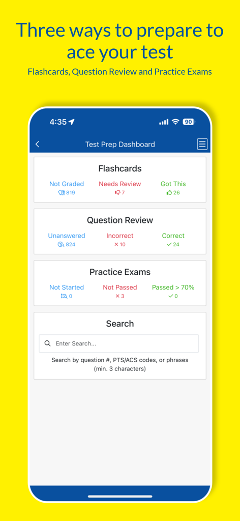 King Test Prep Companion - King Test Prep Companion dashboard featuring flashcards, question review, and practice exams study sections